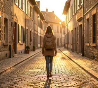 Femme voyageant seule dans une ruelle pittoresque européenne au coucher du soleil, sentiment de liberté