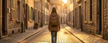 Femme voyageant seule dans une ruelle pittoresque européenne au coucher du soleil, sentiment de liberté