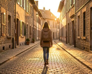 Femme voyageant seule dans une ruelle pittoresque européenne au coucher du soleil, sentiment de liberté
