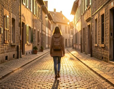 Femme voyageant seule dans une ruelle pittoresque européenne au coucher du soleil, sentiment de liberté