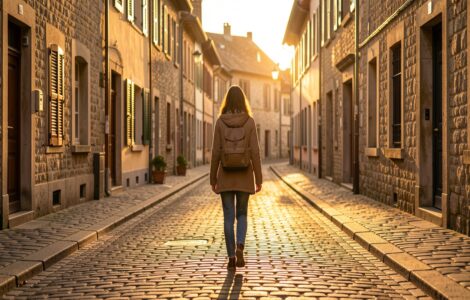 Femme voyageant seule dans une ruelle pittoresque européenne au coucher du soleil, sentiment de liberté