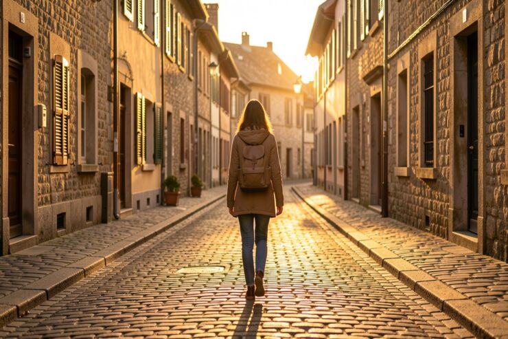 Femme voyageant seule dans une ruelle pittoresque européenne au coucher du soleil, sentiment de liberté
