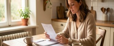 Femme consultant son budget familial à la table de la cuisine, carnet et factures