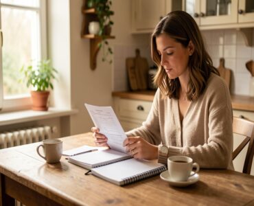 Femme consultant son budget familial à la table de la cuisine, carnet et factures