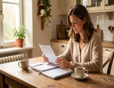 Femme consultant son budget familial à la table de la cuisine, carnet et factures