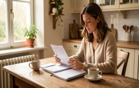 Femme consultant son budget familial à la table de la cuisine, carnet et factures