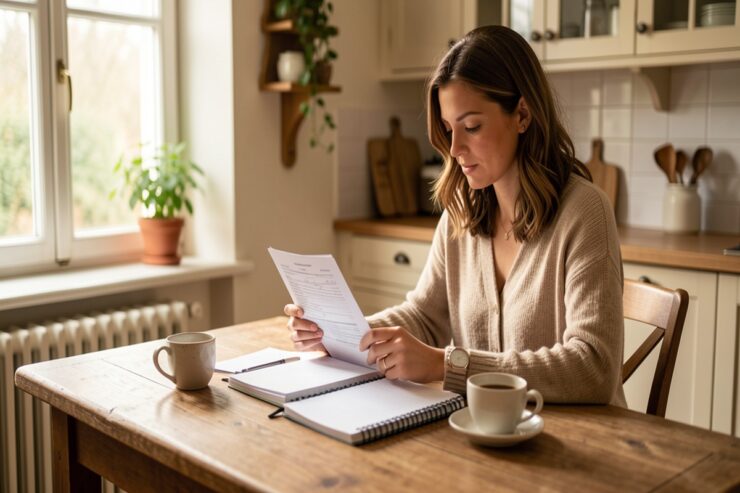 Femme consultant son budget familial à la table de la cuisine, carnet et factures