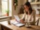 Femme consultant son budget familial à la table de la cuisine, carnet et factures