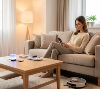 Salon moderne lumineux avec une femme contrôlant des objets connectés depuis son smartphone sur la table basse