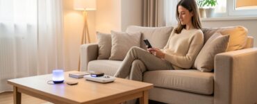 Salon moderne lumineux avec une femme contrôlant des objets connectés depuis son smartphone sur la table basse