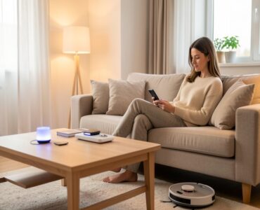 Salon moderne lumineux avec une femme contrôlant des objets connectés depuis son smartphone sur la table basse