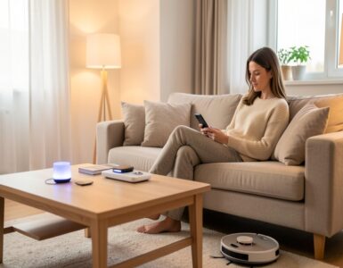Salon moderne lumineux avec une femme contrôlant des objets connectés depuis son smartphone sur la table basse