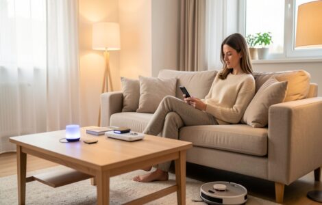 Salon moderne lumineux avec une femme contrôlant des objets connectés depuis son smartphone sur la table basse