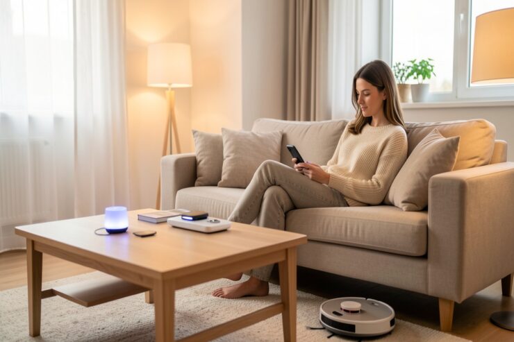 Salon moderne lumineux avec une femme contrôlant des objets connectés depuis son smartphone sur la table basse