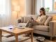 Salon moderne lumineux avec une femme contrôlant des objets connectés depuis son smartphone sur la table basse