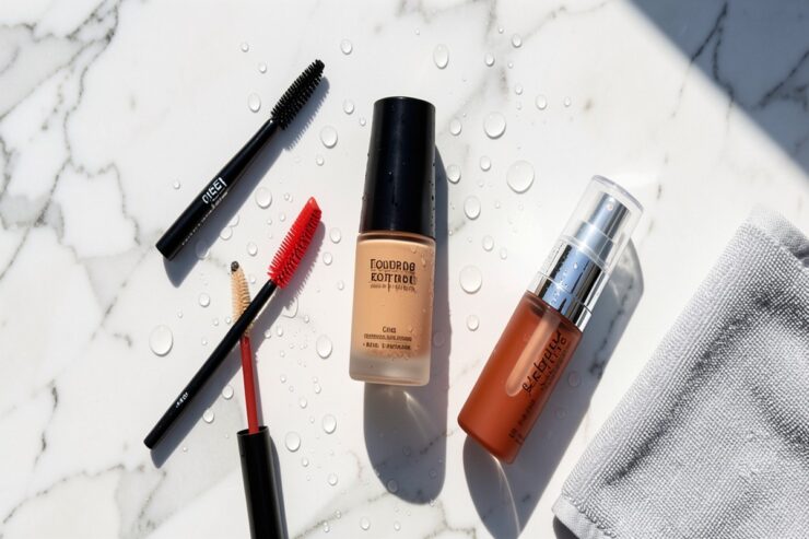 Produits de maquillage waterproof disposes sur une surface en marbre sous une lumiere estivale avec des gouttes d eau