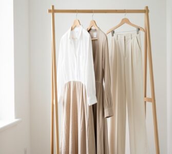 Garde-robe minimaliste avec chemise en lin blanc, robe midi fluide et pantalon palazzo pour un style estival et intemporel