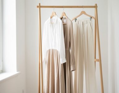 Garde-robe minimaliste avec chemise en lin blanc, robe midi fluide et pantalon palazzo pour un style estival et intemporel