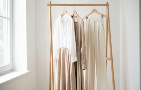 Garde-robe minimaliste avec chemise en lin blanc, robe midi fluide et pantalon palazzo pour un style estival et intemporel