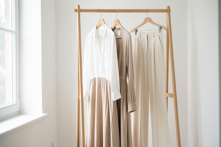 Garde-robe minimaliste avec chemise en lin blanc, robe midi fluide et pantalon palazzo pour un style estival et intemporel
