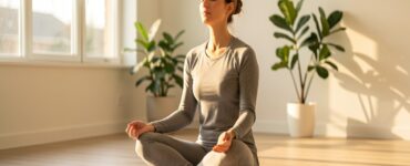 Femme méditant en tailleur dans un salon minimaliste lumineux avec plantes vertes, lumière du matin