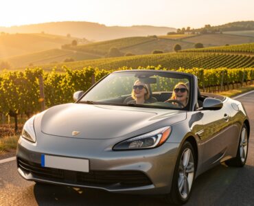 Voiture cabriolet sur une route de campagne bordee de vignes road trip entre amies en France