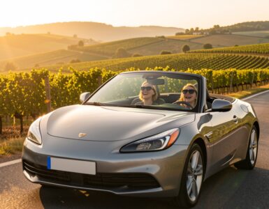 Voiture cabriolet sur une route de campagne bordee de vignes road trip entre amies en France