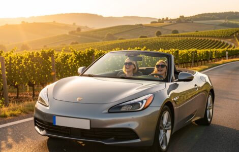 Voiture cabriolet sur une route de campagne bordee de vignes road trip entre amies en France