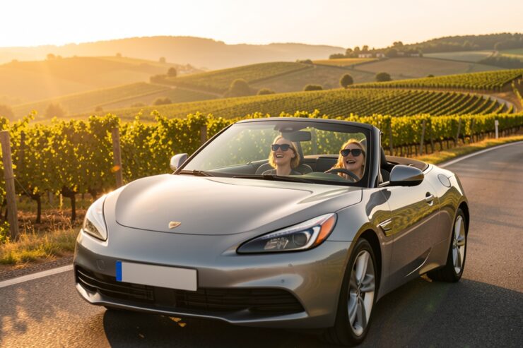 Voiture cabriolet sur une route de campagne bordee de vignes road trip entre amies en France
