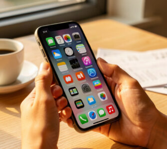 Main féminine tenant un smartphone avec applications d'économies, tasse de café et tickets de caisse sur une table en bois lumineuse
