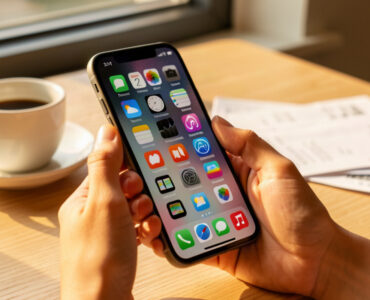 Main féminine tenant un smartphone avec applications d'économies, tasse de café et tickets de caisse sur une table en bois lumineuse