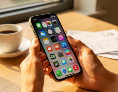 Main féminine tenant un smartphone avec applications d'économies, tasse de café et tickets de caisse sur une table en bois lumineuse