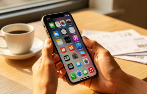 Main féminine tenant un smartphone avec applications d'économies, tasse de café et tickets de caisse sur une table en bois lumineuse