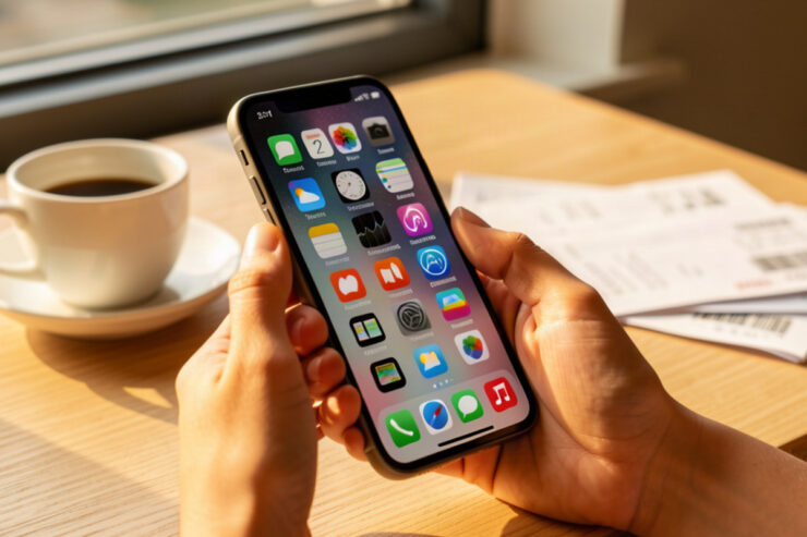 Main féminine tenant un smartphone avec applications d'économies, tasse de café et tickets de caisse sur une table en bois lumineuse