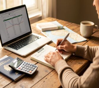 Personne planifiant un budget voyage sur ordinateur portable avec carnet et calculatrice