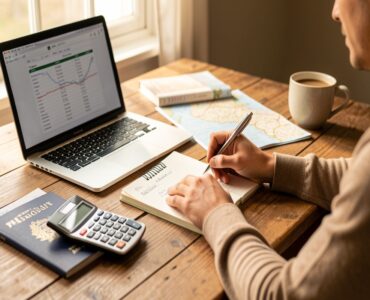 Personne planifiant un budget voyage sur ordinateur portable avec carnet et calculatrice