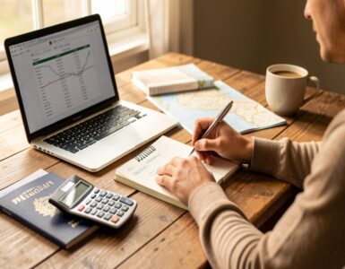 Personne planifiant un budget voyage sur ordinateur portable avec carnet et calculatrice