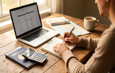 Personne planifiant un budget voyage sur ordinateur portable avec carnet et calculatrice
