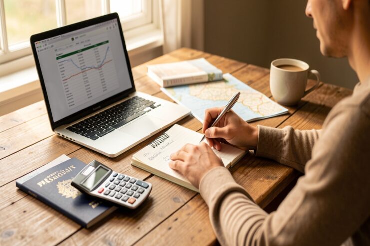 Personne planifiant un budget voyage sur ordinateur portable avec carnet et calculatrice