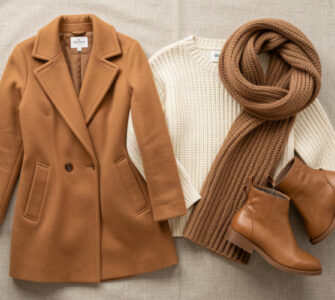 Pièces mode automne-hiver posées à plat : manteau camel, grosse maille et écharpe oversize