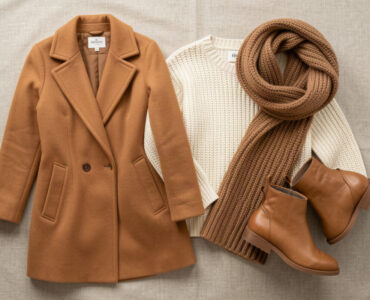 Pièces mode automne-hiver posées à plat : manteau camel, grosse maille et écharpe oversize