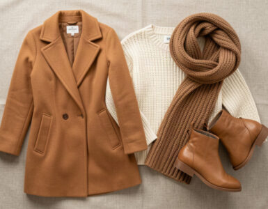 Pièces mode automne-hiver posées à plat : manteau camel, grosse maille et écharpe oversize