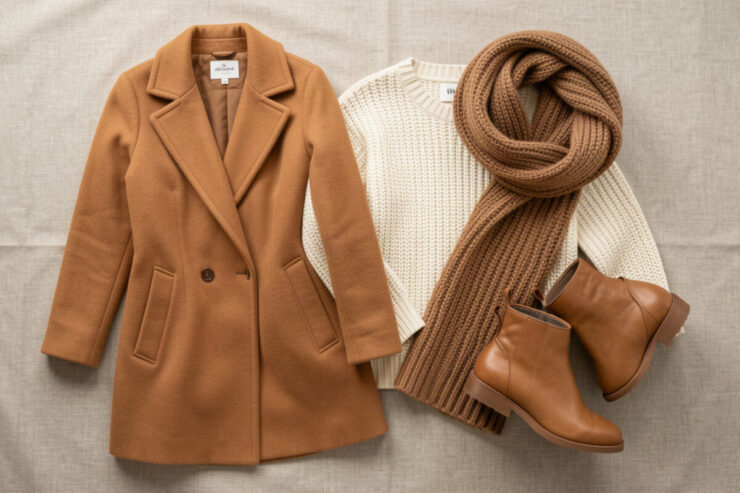 Pièces mode automne-hiver posées à plat : manteau camel, grosse maille et écharpe oversize