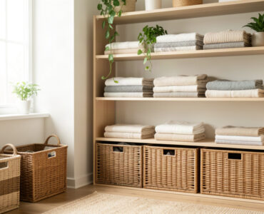 Intérieur ordonné et lumineux avec paniers de rangement en osier et étagères bien organisées