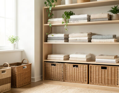 Intérieur ordonné et lumineux avec paniers de rangement en osier et étagères bien organisées