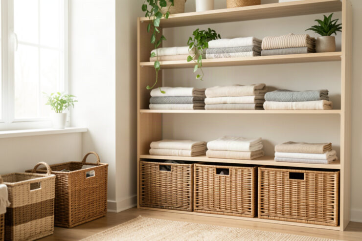 Intérieur ordonné et lumineux avec paniers de rangement en osier et étagères bien organisées