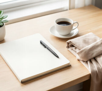 Bureau rangé avec carnet, tasse de café et plante verte, symbole d'une rentrée organisée et sereine