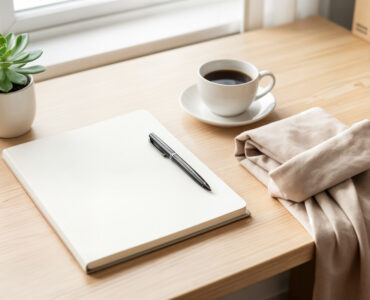 Bureau rangé avec carnet, tasse de café et plante verte, symbole d'une rentrée organisée et sereine