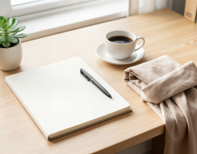 Bureau rangé avec carnet, tasse de café et plante verte, symbole d'une rentrée organisée et sereine