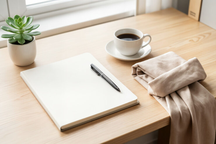 Bureau rangé avec carnet, tasse de café et plante verte, symbole d'une rentrée organisée et sereine